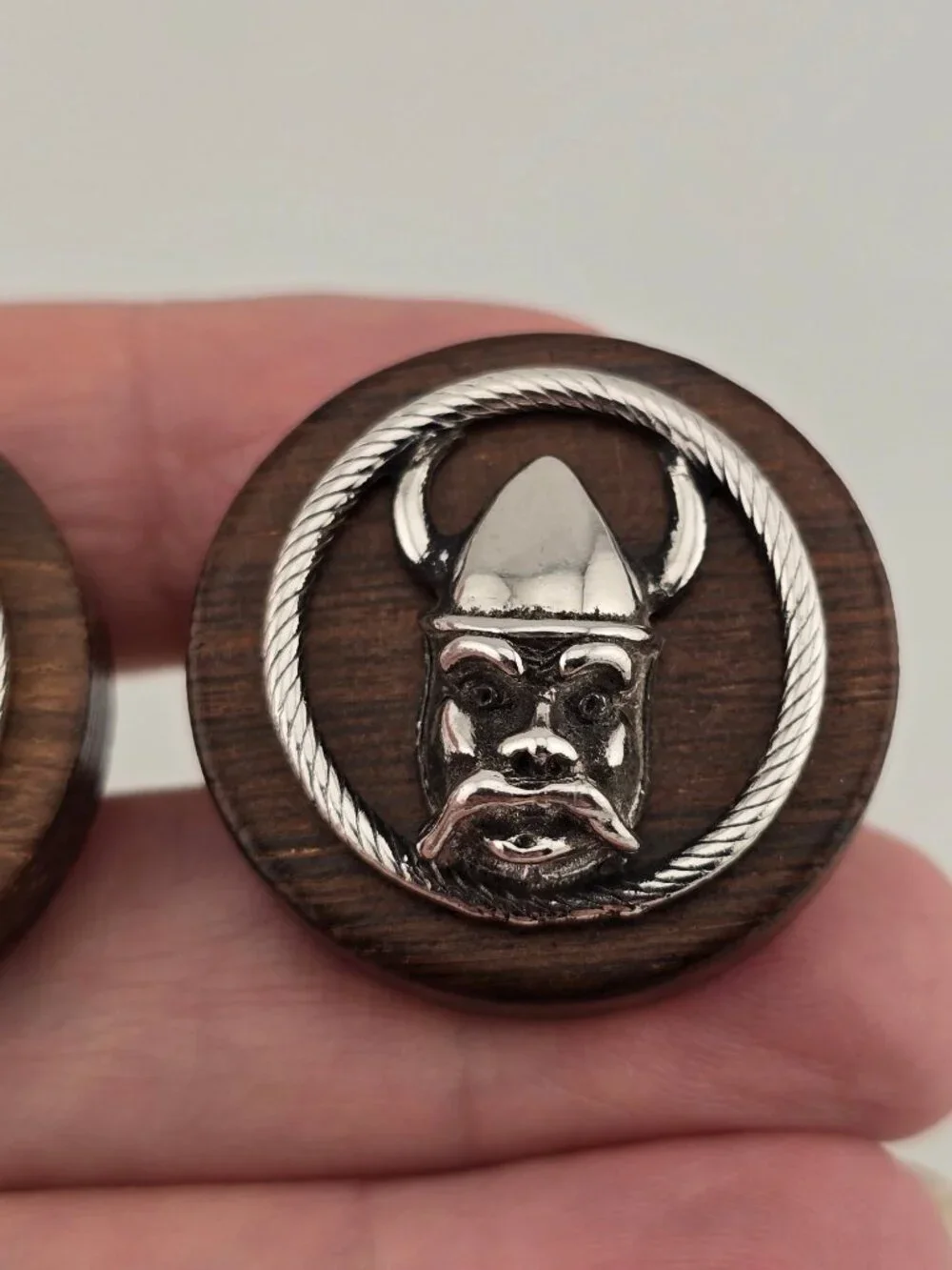 Vintage Swank Viking Wood & Silver-Tone Cufflinks Round With Horned Helmet